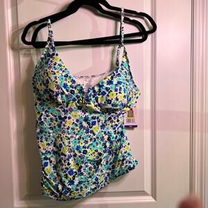 Anne Cole Floral Tankini Swim Top Blue Green White XXL NWT